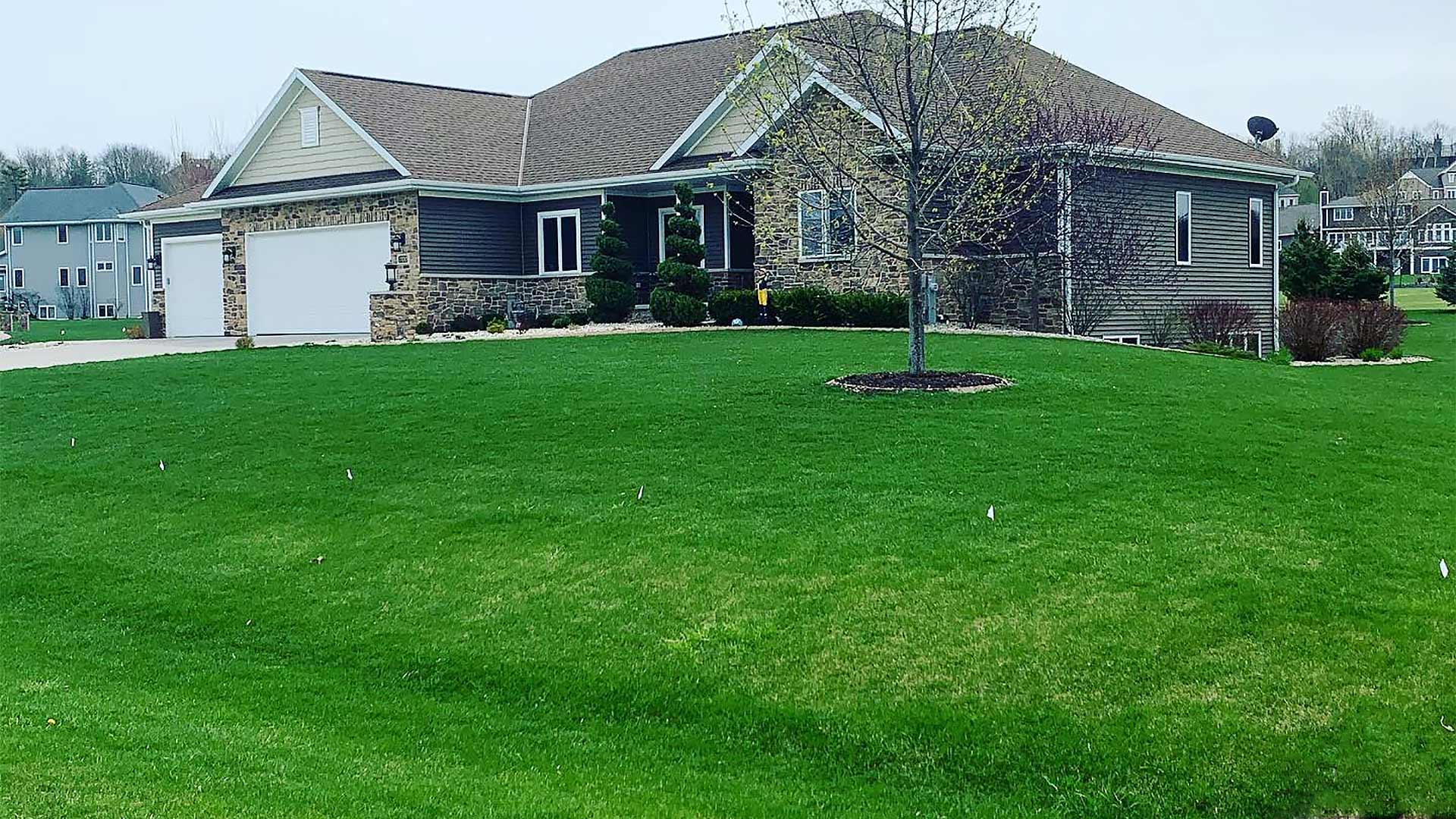 Vivid, green home lawn in Green Bay, WI with lawn fertilization services.
